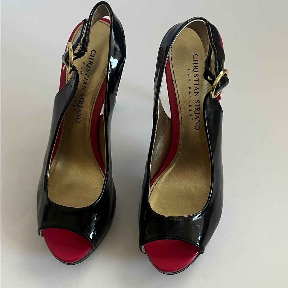 Christian Siriano‎ Black and Red Peep Toe Slingback Heels